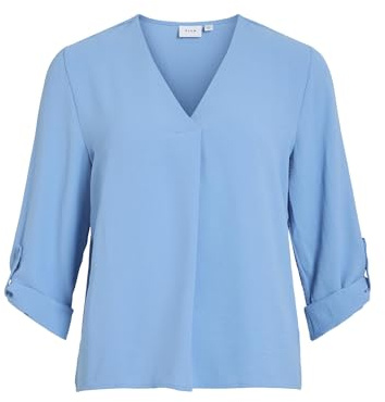 Vila Frauen Top mit V-Ausschnitt Crepe Struktur Design Bluse mit 3/4 Arm, Farben:Blau-4, Größe:38