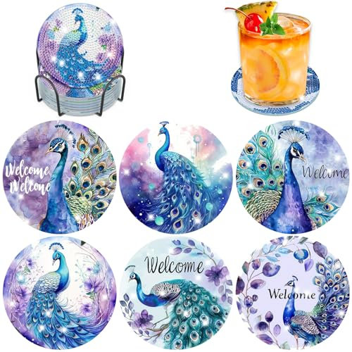 Lxmsja 6 STK Diamond Painting Untersetzer Pfau mit Halter, Diamond Painting Pfau, Diamant Painting Bilder Erwachsene, Diamant Tassenuntersetzer mit Kork, Basteln Kreativ Set Für Erwachsene Frauen