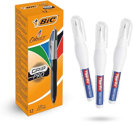 BIC 4 Colours Grip Pro Pens Pack of 12 with Durable Plastic Barrel 4 Ink Colour & Tipp-Ex Shake n Squeeze Correction Pens Pack of 3 with Fast-Drying Opaque Fluid for Writing & Corrections