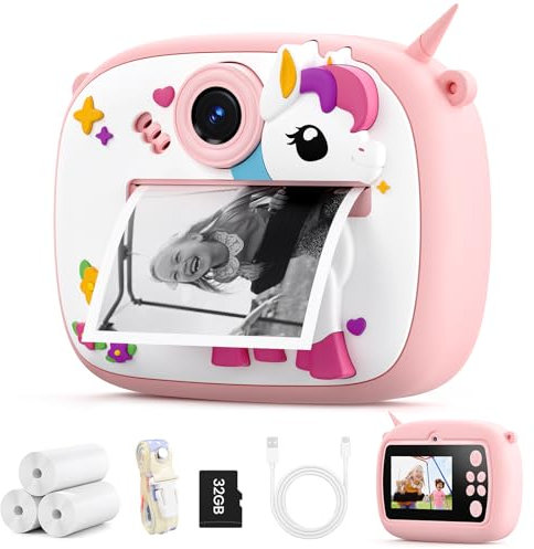 YOZISS Macchina Fotografica Bambini Istantanea, 1080P macchina fotografica istantanea bambini con 3 Rotoli di Carta da Stampa, Regalo per Bambini dai 3 a 14(Pony Rosa)