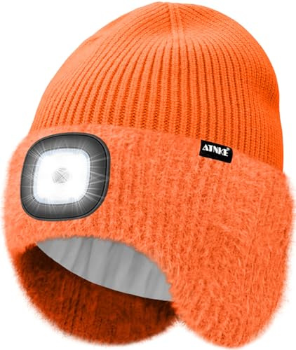 ATNKE LED Lumineux Bonnet Chapeau avec Cache Oreilles,USB Rechargeable 4 LED Course Chapeau Lampe Frontale Hiver Chaud Polaire Doublé Tricot Beanie Cadeaux pour Homme et Femme/Orange