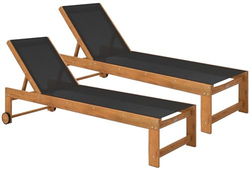 Outsunny Juego de 2 Tumbonas de Madera de Acacia Tumbonas de Jardín Exterior con Ruedas Respaldo Ajustable en 4 Niveles Carga 160 kg para Patio Terraza Balcón Teca y Negro