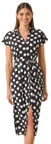Roman Shirt Dress for Women UK Ladies Short Sleeve Sleeveless Belted Collared Midi Maxi Summer Spring Smart Casual Button Evening Office A Line Swing Skater - Noir Spot - Size 18