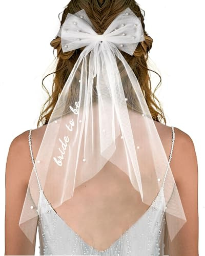 Muorruo Brautschleier mit bestickter Haarschleife für Junggesellinnenabschied, Brautparty, Tüll, Perle, 2-stufiger Schleifenschleier, Verlobungsaccessoire, Junggesellinnenabschied