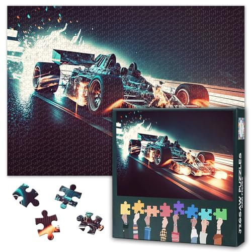 Racing Jigsaw Puzzles 1000 Stück, Night Racing Car Drive bei Geschwindigkeit auf der Straße Double Exposure Puzzle für Erwachsene 1000 Stück, Impossible Challenging Puzzles, 50x70 cm