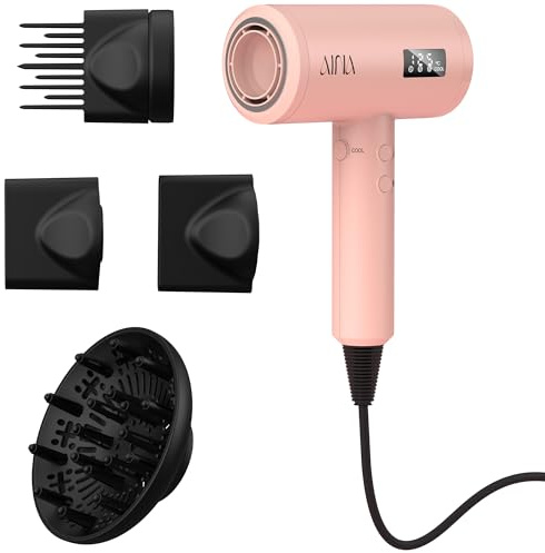 AINA Professioneller Haartrockner (neue Tech)2300W Föhn mit Diffusor,Bürstenkamm für Frauen | BLDC Bürstenloser Motor 150.000 U/min | Ionic | LED-Anzeige | 4 magnetische Aufsätze 230V/EU(Rosa)