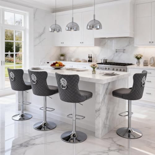 Relbiety Barhocker 4er Set mit Lehne Höhenverstellbar Barhocker Drehbar aus Samt,Barstühle mit chromten Metallfüße für Küche,Bar,Dunkelgrau