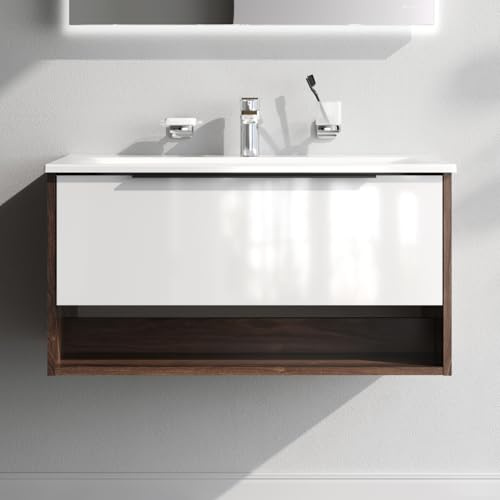 AM.PM Waschbeckenunterschrank Hängend mit Waschbecken, Badmöbel Set für Badezimmer, Badschrank, Waschtischunterschrank mit 1 Schublade + offene Nische, 80 cm, Weiß glänzend