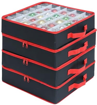 Relaxdays Weihnachtskugel Aufbewahrungsbox, 4er Set, je 16 Kugeln, HxBxT: 9 x 33 x 33 cm, Polyester, Pappe, schwarz/rot | je 16 Kugeln, HxBxT: 9 x 33 x 33 cm, Polyester, Pappe