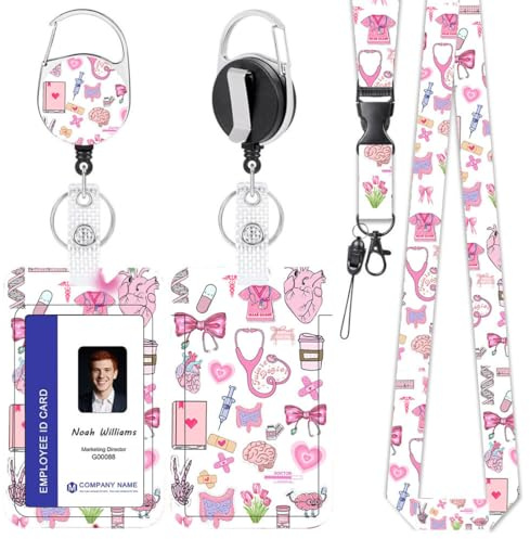 BAHME Porte Badge Infirmiere avec Lanyard, Porte Carte Rétractable, Clips de Badge Détachables, pour Porte Badges d'Identification, Clés, Téléphone, Cadeaux pour le Bureau des Enseignants Infirmiers