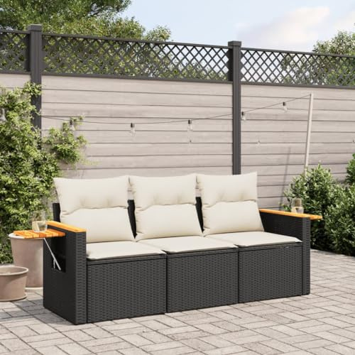 Woonisher 3-TLG. Garten-Sofagarnitur Mit Kissen Schwarz Poly Rattan, Balkonmöbel Set Mit Stauraum, Terrassenmöbel Außen Modular, Lounge Sofa Möbel Outdoor Mit Klappbaren Ablagen