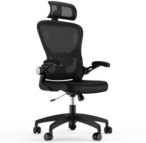 Feonase Ergonomic Office Chair with Adjustable Headrest and Lumbar Support, Mesh Back, Flip-up Armrests and Rocking Function – Swivel Desk Chair for Home Office, Study, Gaming, Black