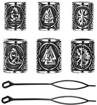 Flongo Bartperlen Set Wikinger Haarschmuck Damen Zum Klipsen – 316L Edelstahl Bartperle Wikinger Haar‑ & Bartschmuck mit Runen und Kompass‑Symbol – Nordischer Viking Style Zubehör für Männer Frauen