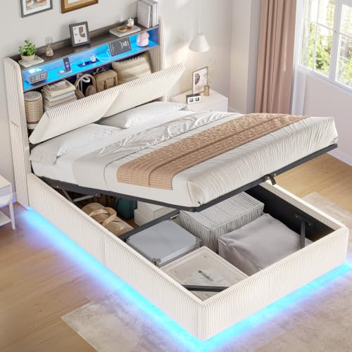 AOGLLATI Bett 90x200 mit Hydraulisches Stauraum(Beige, 90x200cm) | Jugendbett 90x200 mit LED-Beleuchtung und Ladestation, Polsterbett Einzelbett Kinderbett mit Stauraum Kopfteil,Ohne Matratze