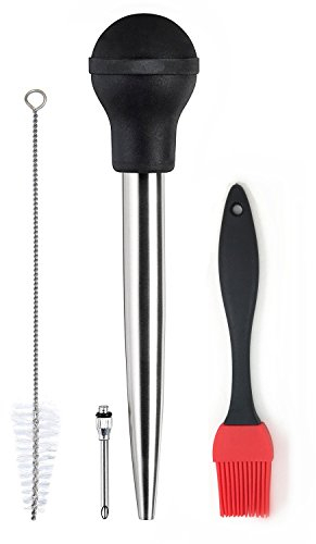 Stainless Steel Turkey Baster & Silicone Basting Brush Set, FDA Food Grade Rubber Bulb Marinade Injector with Needle and Clean Brush Easy Inject Flavorful Juices Oil