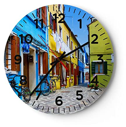 Modern Wanduhr Sonne Tag Fahrrad Straße 30x30cm Rund Klein Wand Uhr Glas Analog Zimmeruhren Küche Büro Wohnzimmer Glasuhr Wall Clock Dekoration Design Wanddekoration Küchenuhr C4AR30x30-2614