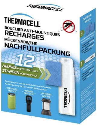 THERMACELL Recharge Anti Moustiques et Moustiques Tigres - Protection Efficace 20m²- Compatible avec Diffuseurs, Nomades et Lanternes - Durée 12h - 1 Cartouche Gaz + 3 plaquettes