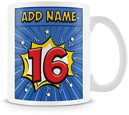 16th Birthday Gift for Boys - Personalised Mug/Cup - Add Name - Comic Style Design - Blue