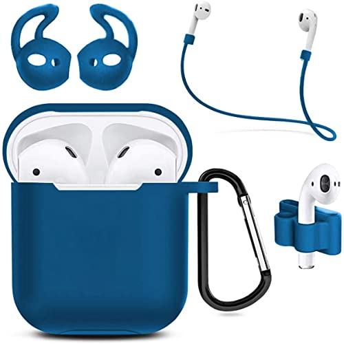 MMOBIEL Custodia Antiurto in Silicone Compatibile con AirPods 1/2 Cover Protettivo Skin 6in1 Set con Clip Ganci per Orecchie Cinturino (Blu)