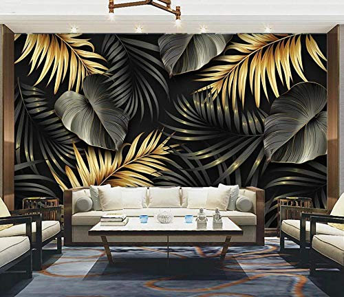 LIWALLPAPER Papier Peint Panoramique Peinture Murale Interieur Plante Tropicale Laisse Noir Doré Tapisserie Murales Papier Peint 3D Salon Chambre Décoration 350cmx256cm