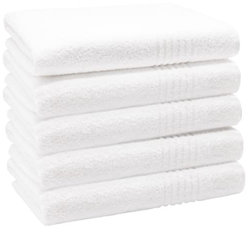 ZOLLNER 5er Set Duschtücher in 70x140 cm - saugstarke Handtücher in weiß - mit praktischem Aufhänger - mit edler Streifenbordüre - waschbar bis 95°C - Baumwolle - Hotelqualität