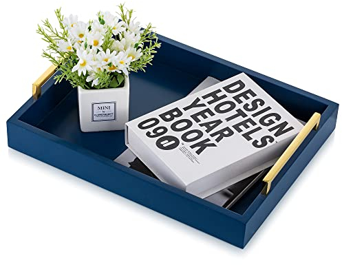 Bandeja de Madera para Servir con Mango Dorado Grande para Comida para Fiestas Cama Mesa de café Bandeja Decorativa para perfumes Joyas baratija Ideal para Desayuno Cena Bebidas Vela de té, Azul