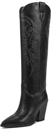 ISNOM Stivali da cowgirl da donna, stivali alti al ginocchio, stivali da cowboy ricamati in stile western con tacco a blocco grosso a punta, Nero opaco, 41 EU