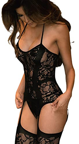 JFAN Ensemble de Lingerie sous-Vêtements Jacquard pour Femme Bodystocking Dentelle en Tulle Tenue Lingerie