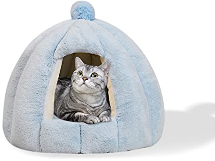 Galatée Katzenhöhlenbett, Waschbares Katzenkissenbett Mit rutschfeste Unterseite, Haustierbett Mit Abnehmbarem Waschbarem Innenkissen, Weiches Und Gemütliches Plüschkatzen-Iglu(S, Blau)