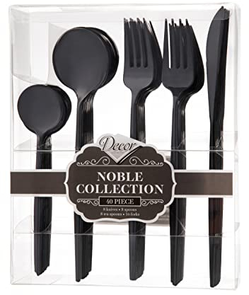 Decor Decorline - Ensemble de couverts réutilisables en plastique robuste - 40 pièces - Chacun avec 16 fourchettes, 8 couteaux, 8 cuillères et 8 cuillères à dessert - Noble Collection - Noir