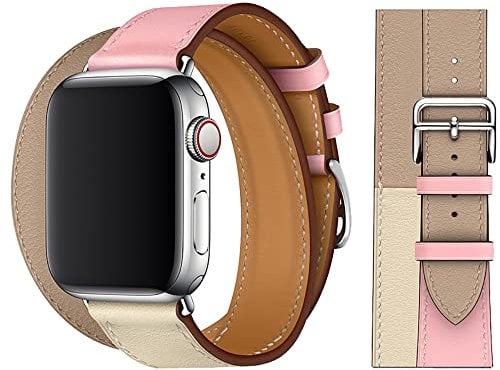 Leather Double Tour Strap Compatible for Apple Watch Straps 38mm 40mm 41mm 42mm 44mm 45mm 49mm, Replacement Band for iWatch Series 8 7 6 5 4 3 2 1 SE Ultra, Pink 42/44/45/49mm