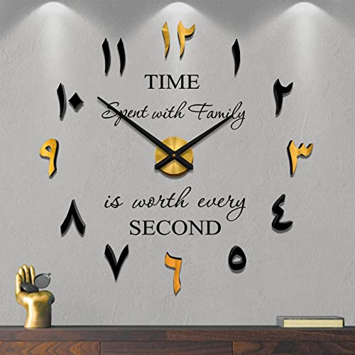 Mintime Mute DIY rahmenlose große Wanduhr arabische Ziffern 3D Spiegel Aufkleber Home Office Dekorationen (Schwarz Gold)