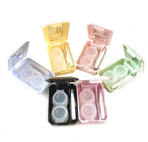 Pops & Coco Contact Lenses Compact Travel Storage Case and Applicator Soaking Kit with Mirror Pastel Pink Lilac Yellow Green Blue Black (Lilac)