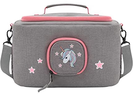 JP Journey Tasche für Toniebox - Transporttasche für Tonie Figuren und Box zum Aufhängen für Reisen und Auto (Grau-Rosa Einhorn Pferd)
