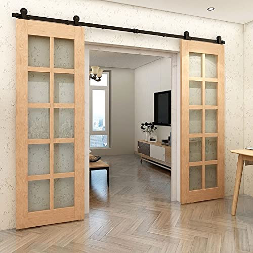 Binario per Porta Scorrevole Doppia 214cm Kit Porta Scorrevole Nera per 2 Porte Scorrevoli Interno Esterno Muro 53cm Larga, Piccola Ruota T-forma