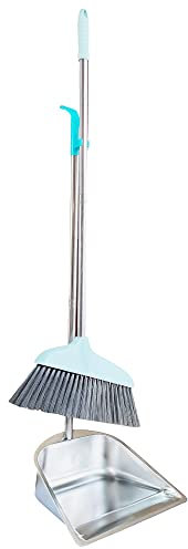Escoba y recogedor/recogedor con escoba Combo, recogedor de acero inoxidable resistente de 33.5 pulgadas de largo mango vertical, escoba de pie