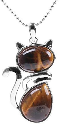 LODMLOER Naturstein-Anhänger-Halskette Für Damen – Damen-Tigerauge-Stein-Anhänger-Halskette,Damen-Halskette Mit Niedlicher Katze,Freizeit-Dating-Schmuck Mit 45Cm Langer Perlenkette