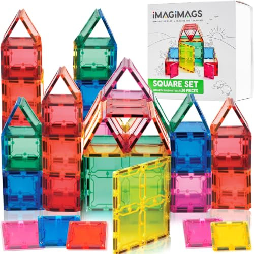IMAGIMAGS Magnetic Building Tiles, 38 Piece Square Set for Boys Girls Kids, Educational Creative Learning Activity Building Block Toddler Toys, STEM, Children Ages 3 Years +