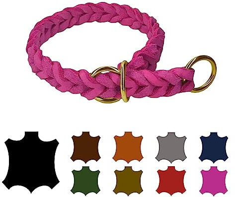 Hundehalsband Fettleder/Halsband ZugStopp Messing/kleine Hunde & große Hunde / 15mm / 20mm / 25mm / XXS - XL (35 Breite: 15mm, Pink)