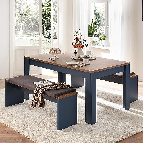 Lomadox Esszimmer Sitzgruppen Set in blau mit Eiche Nb. Landhausstil, Esstisch mit 2 Bänken, 3-teilig, Essplatz, Sitzbank, Esszimmergruppe, Esszimmertisch, Tisch