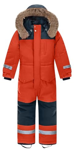 L SERVER Kinder Skianzug Jungen mit Kapuze Winddichte Wasserdichte Schneeoverall Mädchen Warmer Schneeanzug Dickere Skioverall mit Reflektierenden Streifen, Orange, 152-158