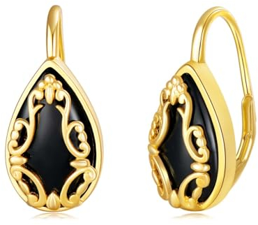 VONALA Schwarze Onyx-Ohrringe - Sterlingsilber Gelbgold vergoldet filigrane Onyx-Ohrhänger Boho-Ohrringe mit schwarzen Edelsteinen - Schmuck Geschenke für Frauen und Mädchen