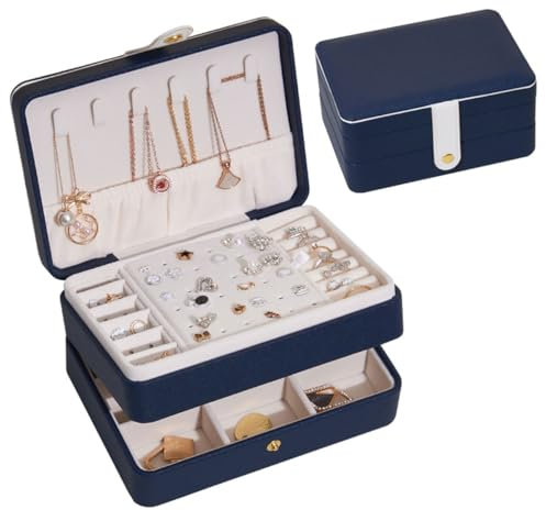 Drawer Jewellery Box Organiser for Women Girls - Three Layers PU Leather Jewellry Storage Case for Rings Earrings Necklace Bracelets Faux Leather Gift Boxes Blue, 01BL