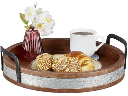 Relaxdays Borde metálico Bandeja Redonda de Madera de Mango, con Asas, Servir, Desayuno, Decorativa, Cocina, 9 x 35 cm, Marrón/Plateado, Hierro