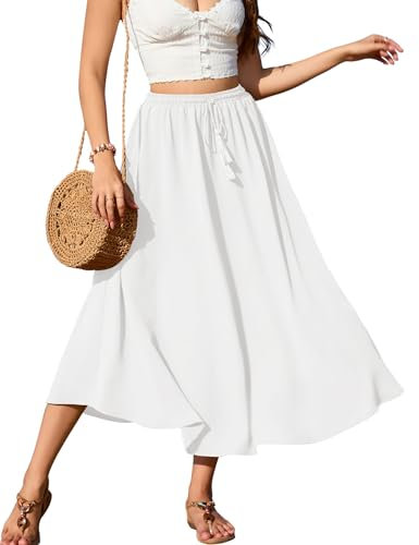 Zeagoo Rock für Damen Lang Elegant Hohe Taille Weißer Maxirock Mit Kordelzug Einfarbig Röcke Casual Midi Freizeitrock Hochzeit Cocktail Skirt Frühling Sommer S