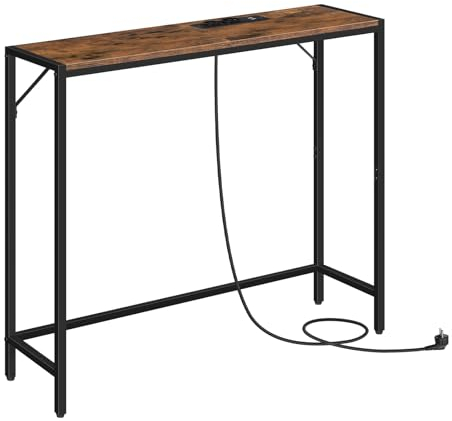 MAHANCRIS Konsolentisch mit Ladestation, 76,2 x 24 x 73,8 cm, Schmaler Beistelltisch Hinter Dem Sofa, 2 Steckdosen und 2 USB-Anschlüsse, für Wohnzimmer, Flur, Braun und Schwarz ACTHR76UE01