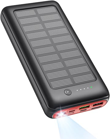 Solar Power Bank 27000mAh USB C Quick Charge Powerbank SCP 22,5W PD 20W Quick Charge Externer Akku Tragbares Ladegerät für iPhone, Samsung, Huawei, Camping Outdoor Rot