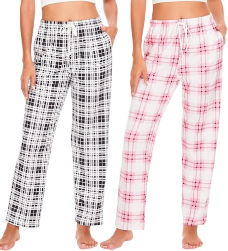 Ymmchy Damen Pyjamahose Lang Schlafanzughose Kariert Freizeithose Frauen Schlafhose Weiche Nachtwäsche Hose 2-Pack Rosa Kariert/Schwarze Kariert M
