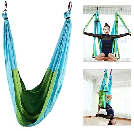 Anti-Schwerkraft-Aerial-Yoga-Fitness-Hängegriff-Inversions-Swing-Sling-Hängematte, Inklusive Hängematte, Riemen mit Griff, Anleitung, Stofftasche (Himmelblau und Fruchtgrün)