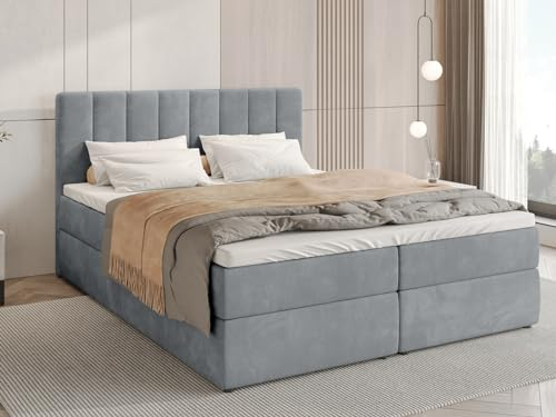 BROMARKT Boxspringbett mit Bettkasten Polsterbett mit Bonell-Matratze und Topper Doppelbett mit Stauraum Bett für Schlafzimmer gepolstertes Kopfteil Denver 180x200 Härtegrad H3 Samtstoff Grau